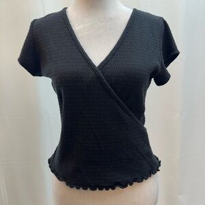 Neely Black V-Neck Textured Wrap Short Sleeve Top S